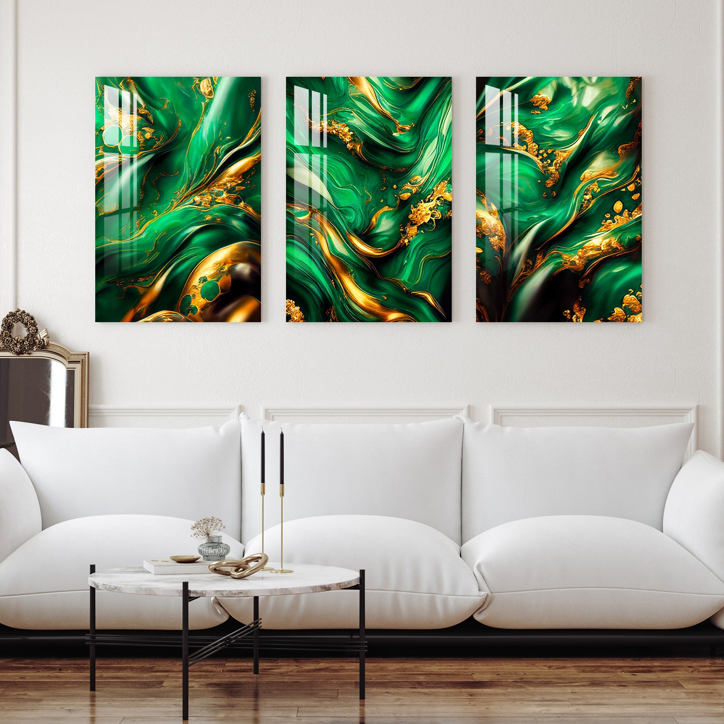 Dark Teal & Golden Ink Swirled Around Acrylic Wall Art (Set of 3)