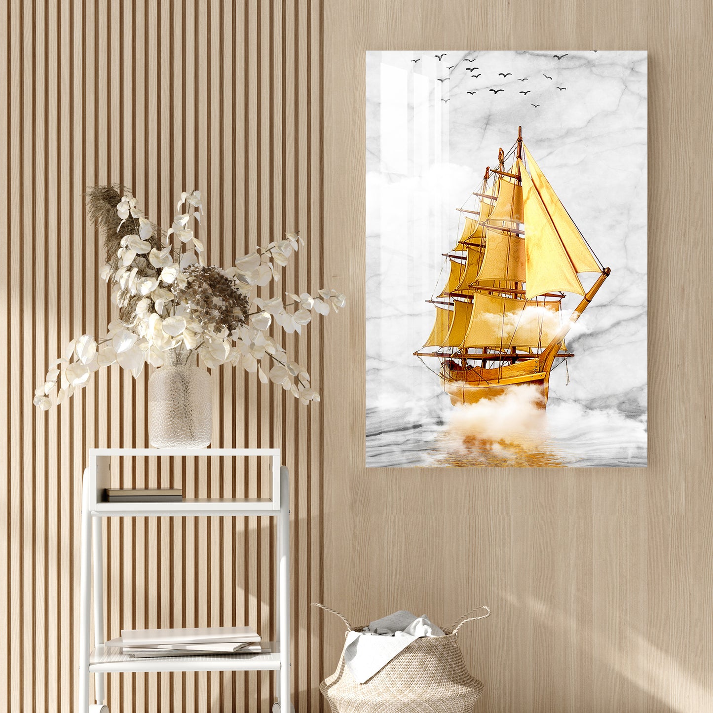 Golden Sailboat Acrylic Wall Art