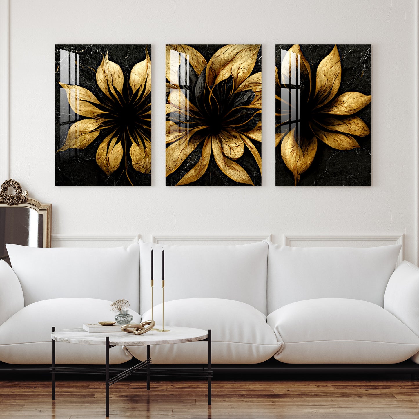 Black & Golden Fractal Flowers Acrylic Wall Art (Set of 3)