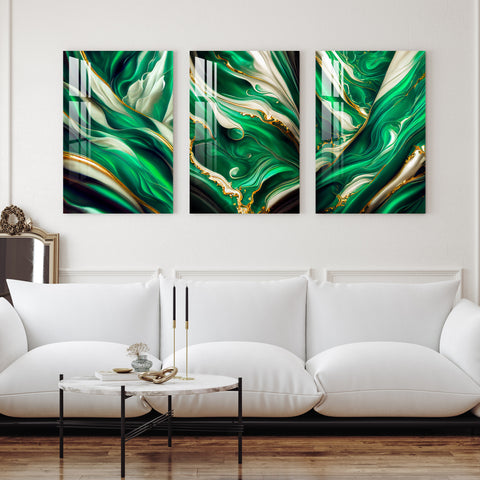 Abstract Green Waves with Golden Foil Acrylic Wall Art (Set of 3)
