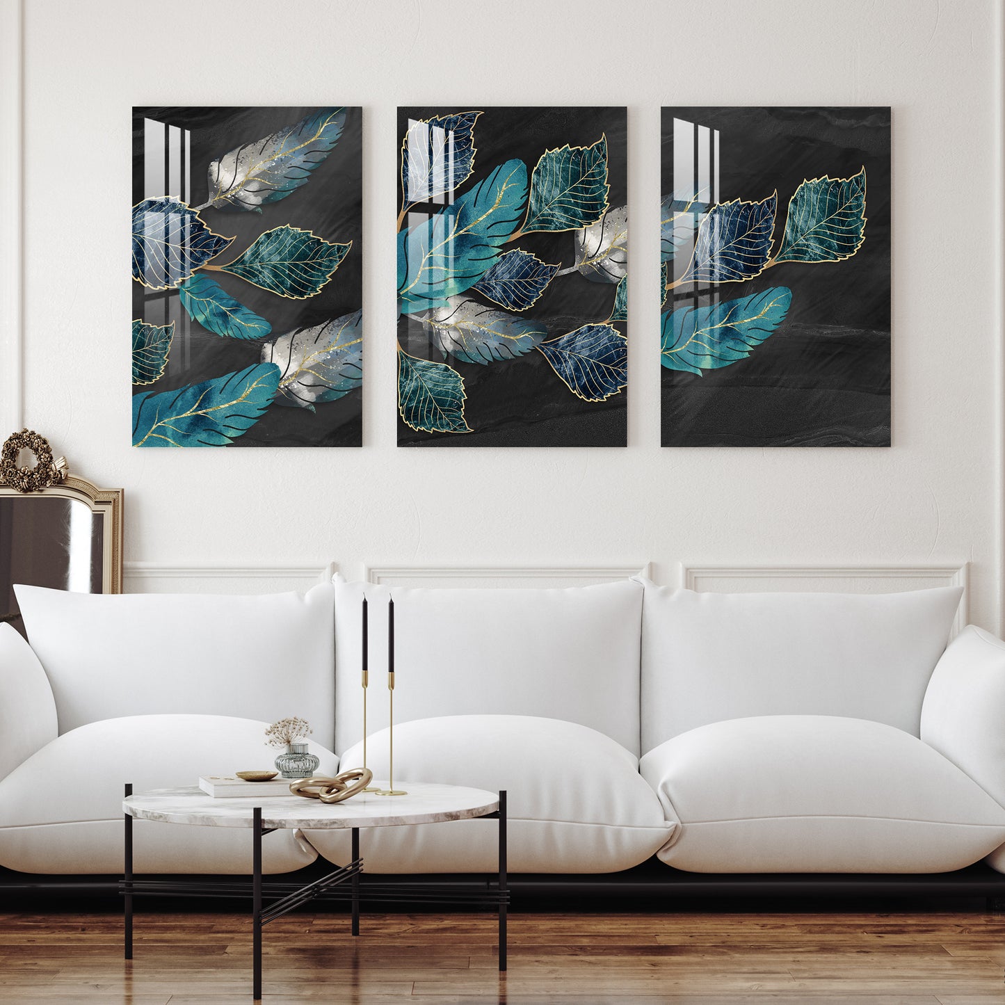 Blue, Turquoise & Gray Leaves Acrylic Wall Art ( Set of 3)