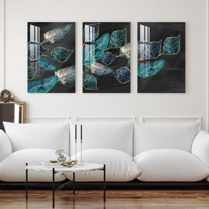 Blue, Turquoise & Gray Leaves Acrylic Wall Art ( Set of 3)