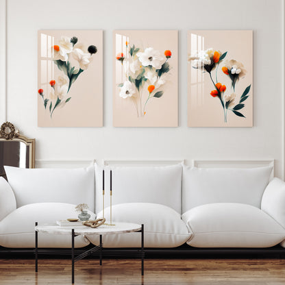 White & Orange Mangolian Flowers Acrylic Wall Art (Set of 3)