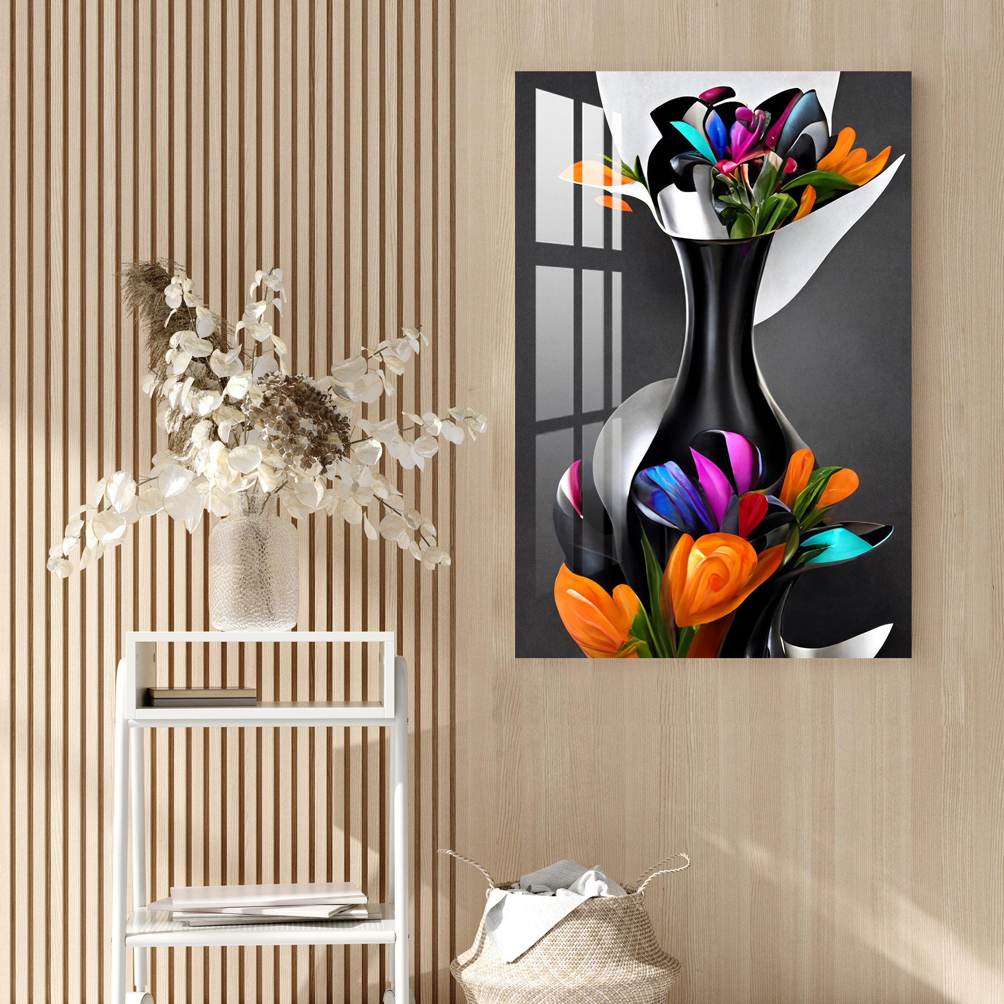 Vibrant Flowers in Black vessel Acrylic Wall Art