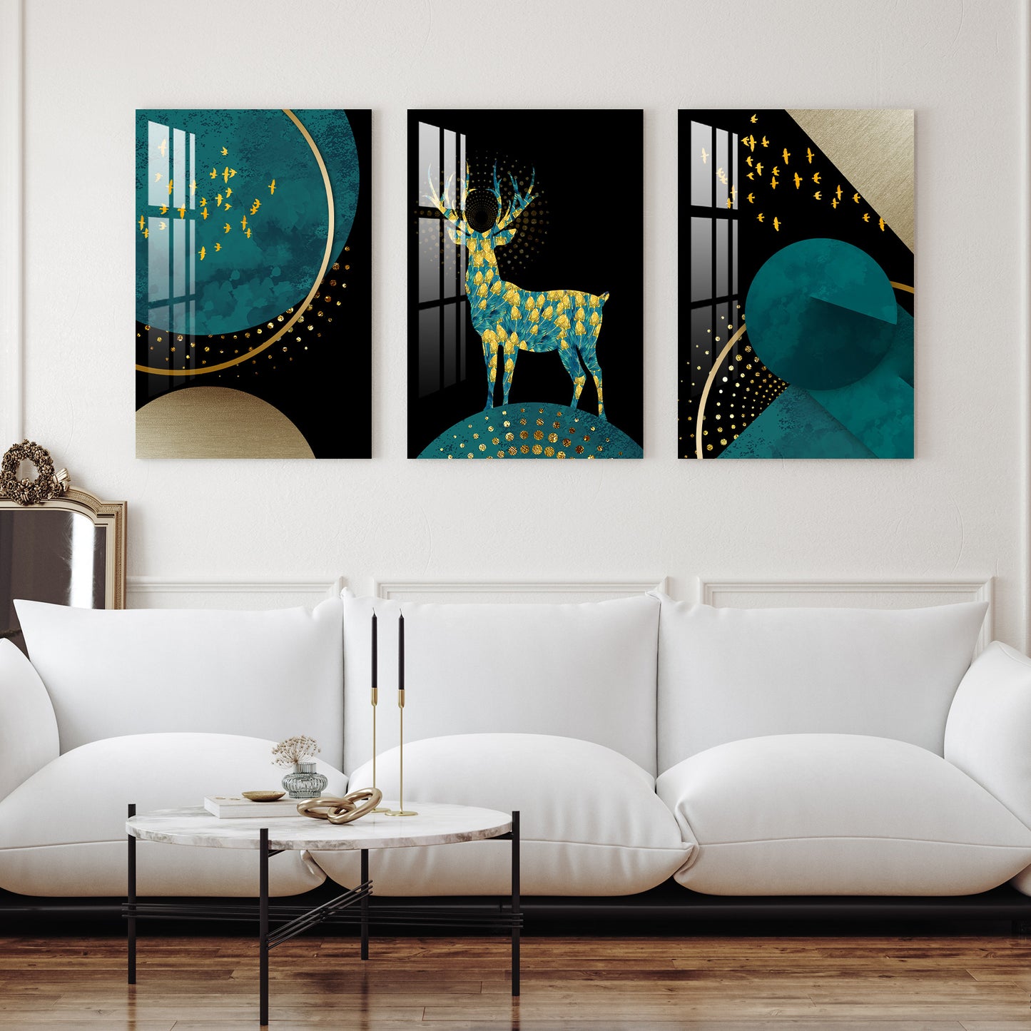 Golden Birds with Marble Deer Acrylic Wall Art (Set of 3)