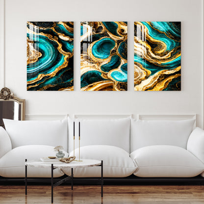 Cyan & Golden Waves Acrylic Wall Art (Set of 3)