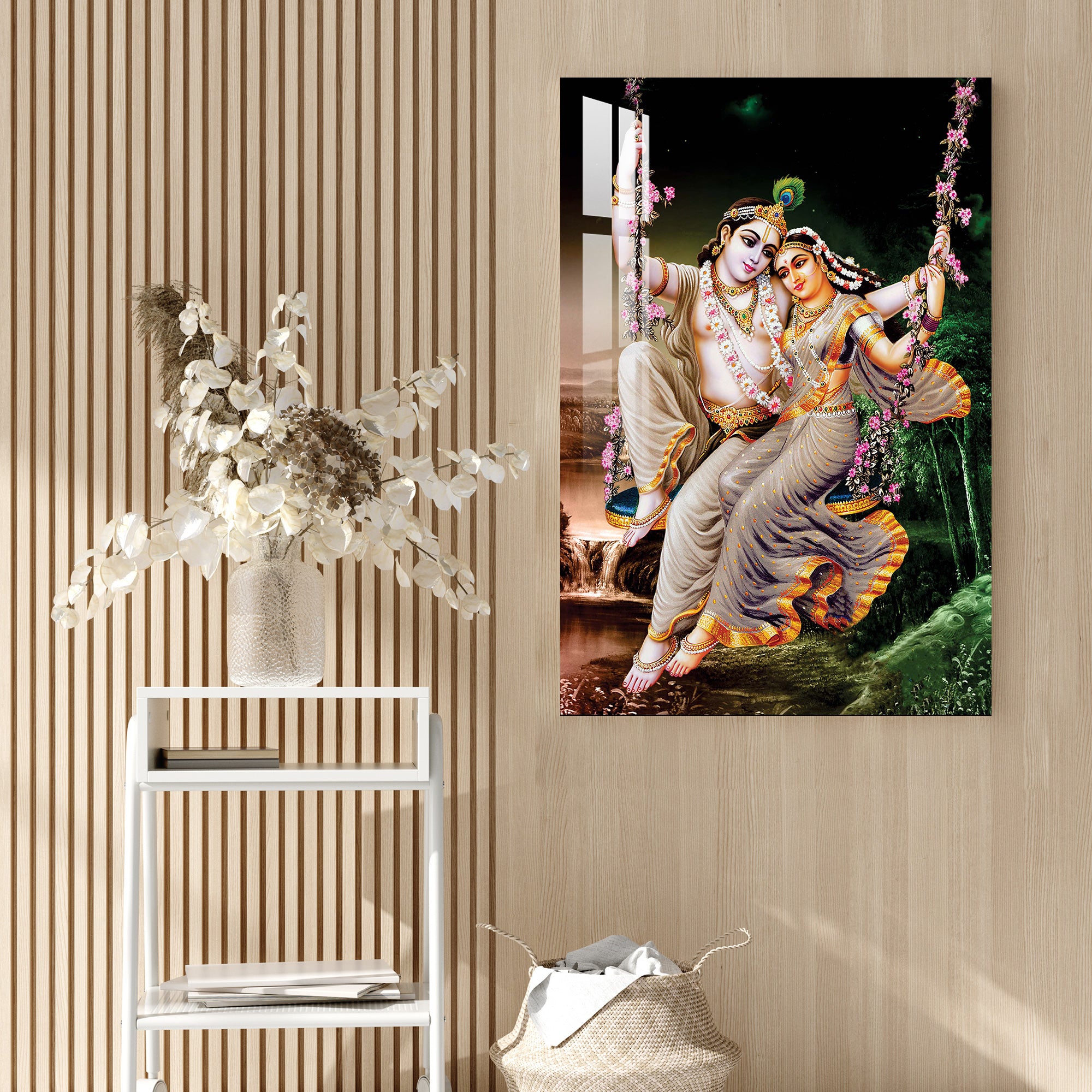 Radha Krishna on Floral Swing Acrylic Wall Art