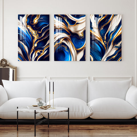 Blue, White & Golden Fluid Art Acrylic Wall Art (Set of 3)