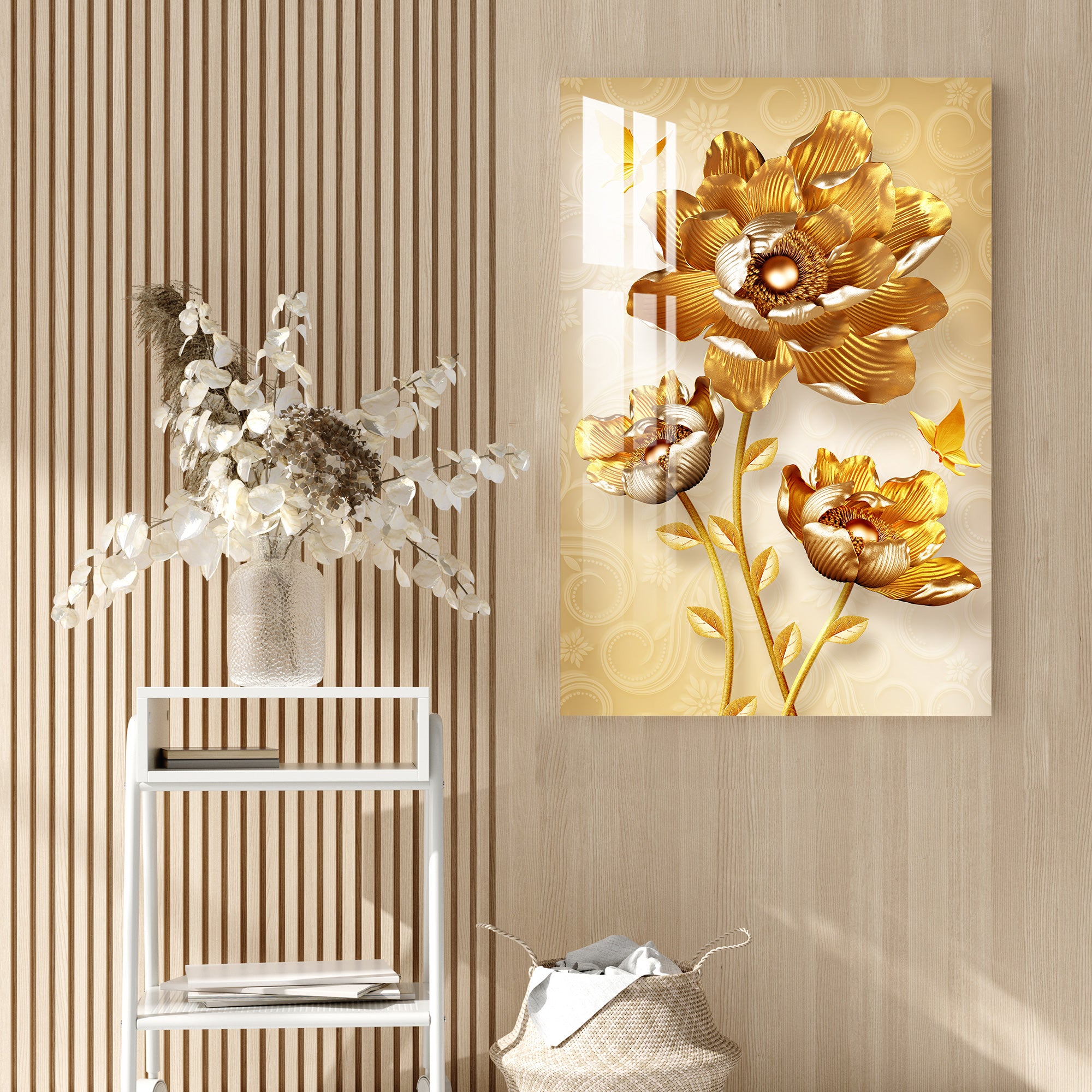 Attractive Golden Flowers Acrylic Wall Art