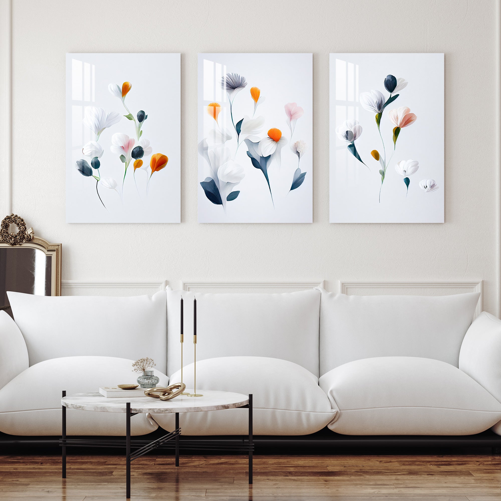 White Themed Floral Acrylic Wall Art (Set of 3)