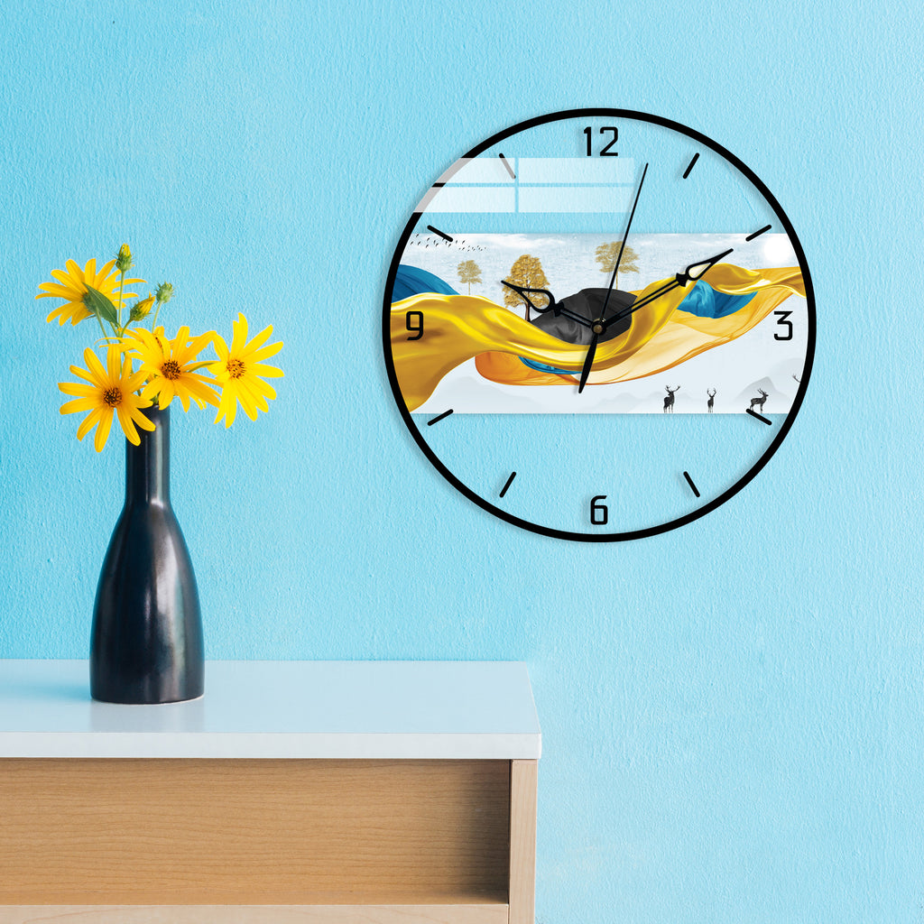 Golden & Blue Abstract Design Printed Acrylic Wall Clock