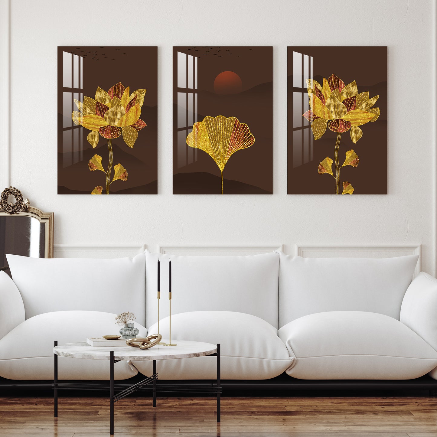 Golden and Red Flowers With Sun Acrylic Wall Art (Set of 3)