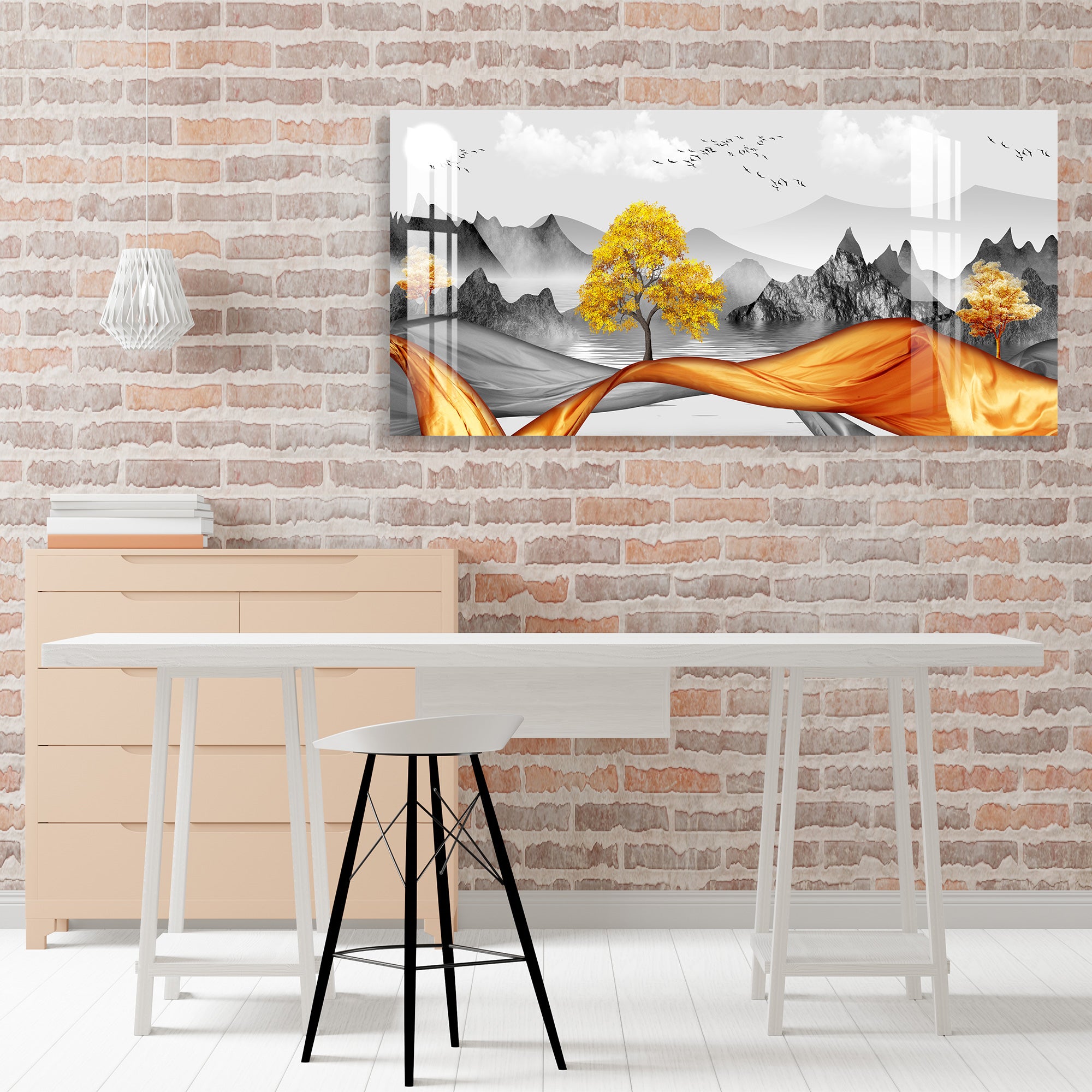 Black & White with Golden dash Acrylic Wall Art