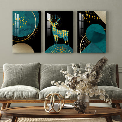 Golden Birds with Marble Deer Acrylic Wall Art (Set of 3)