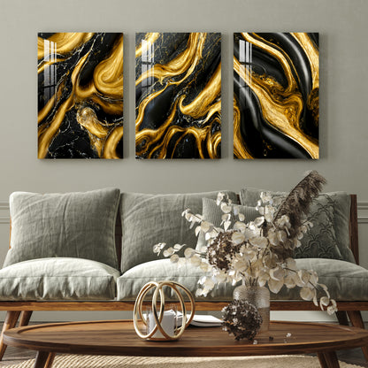 Black & Golden Liquid Marble Acrylic Wall Art (Set of 3)