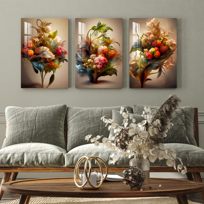 Bunch of Beautiful Flowers Acrylic Wall Art (Set of 3)