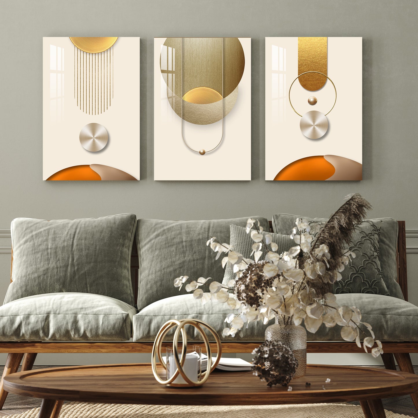 Golden Lines & Spheres Acrylic Wall Art (Set of 3)