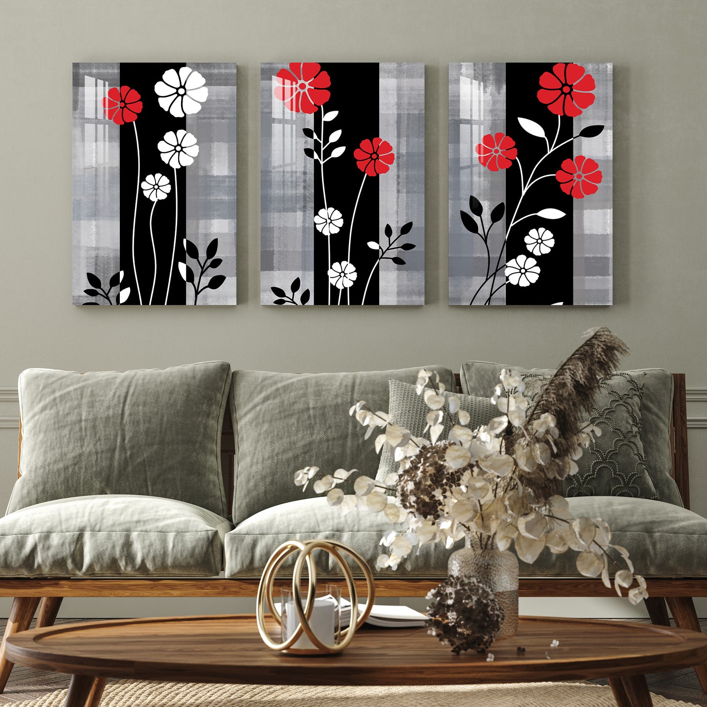 Red & White Flowers Acrylic Wall Art (Set of 3)