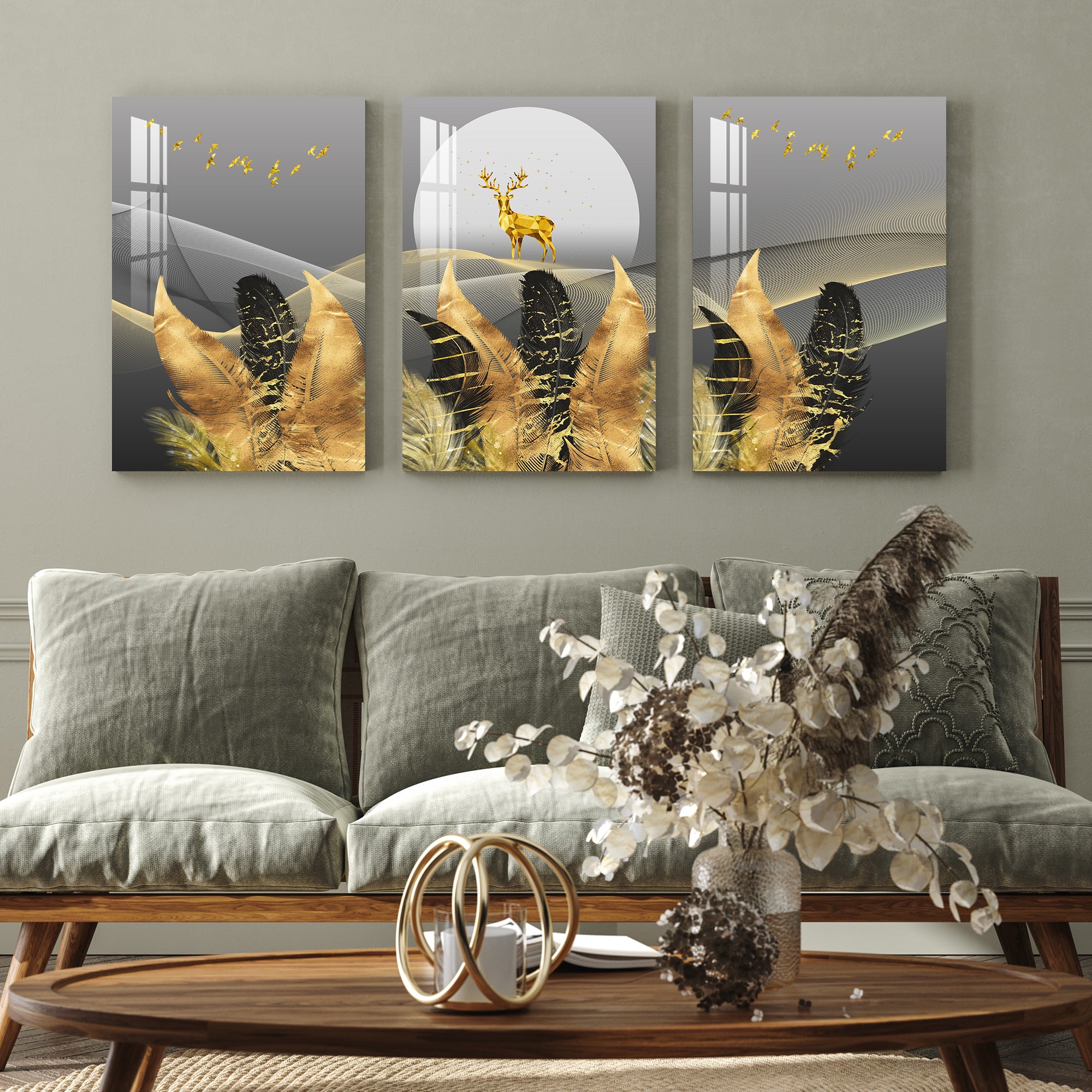 Golden & Black Feathers with Deer Acrylic Wall Art (Set of 3)