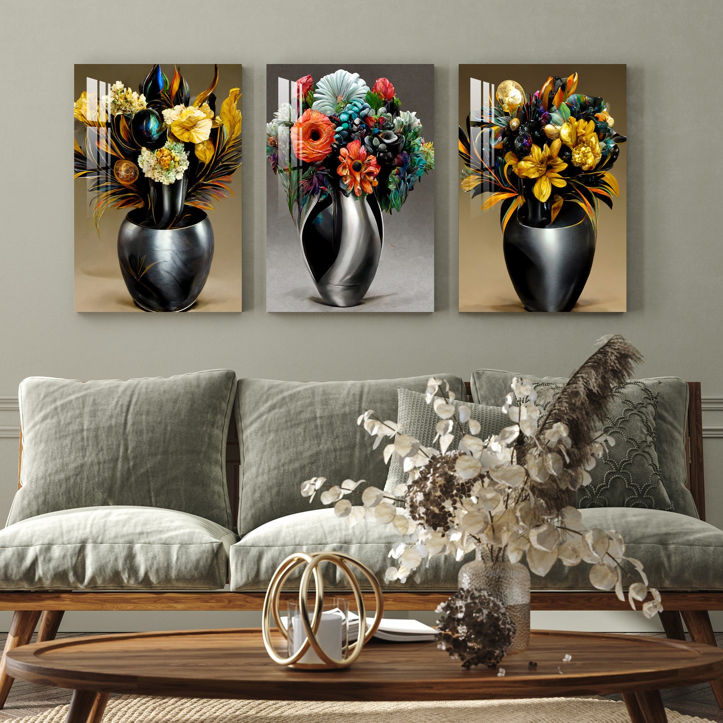 Gunmetal Vase And Flower Acrylic Wall Art (Set of 3)