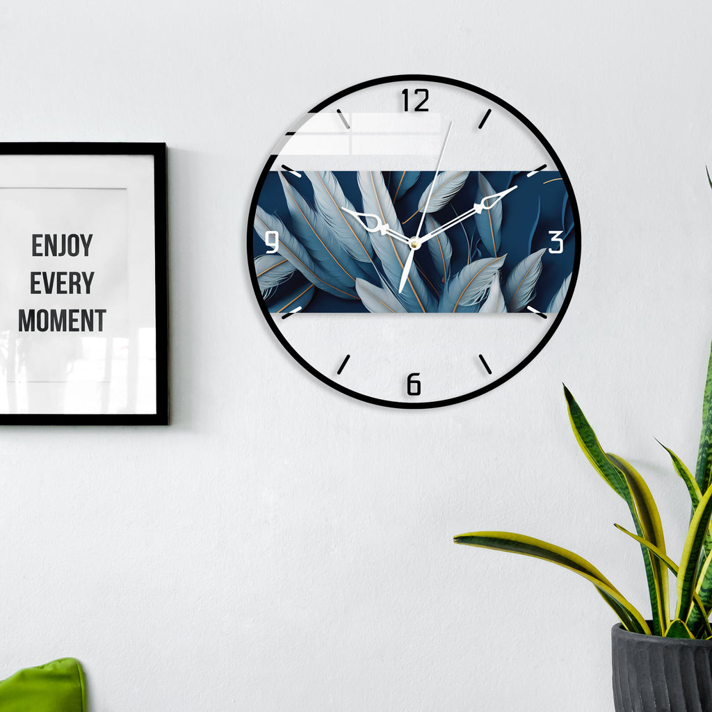 Beautiful White Feather Printed Acrylic Wall Clock