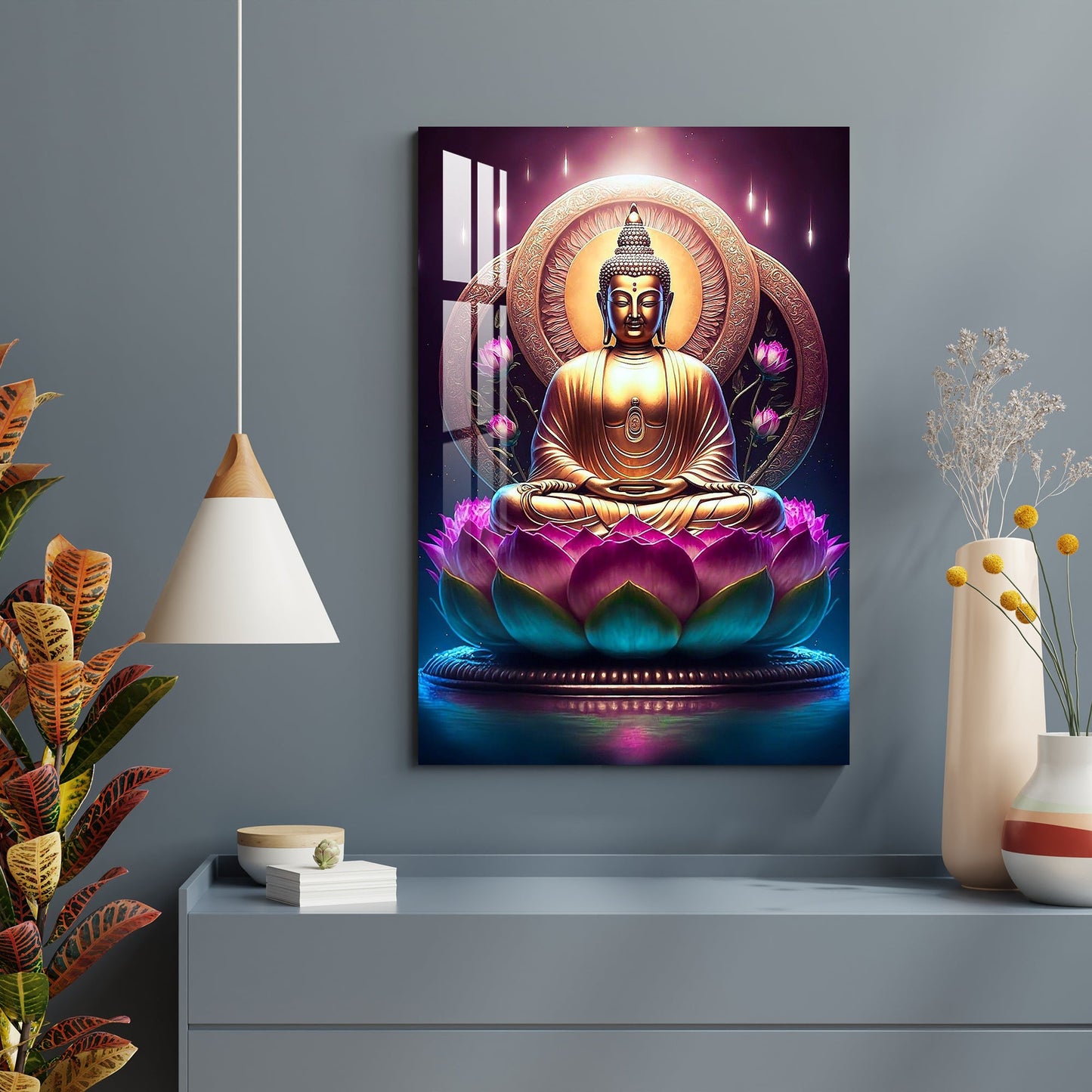 Lord Buddha With Lotus Acrylic Wall Art - 29.5X20 inches / 8MM (Premium)