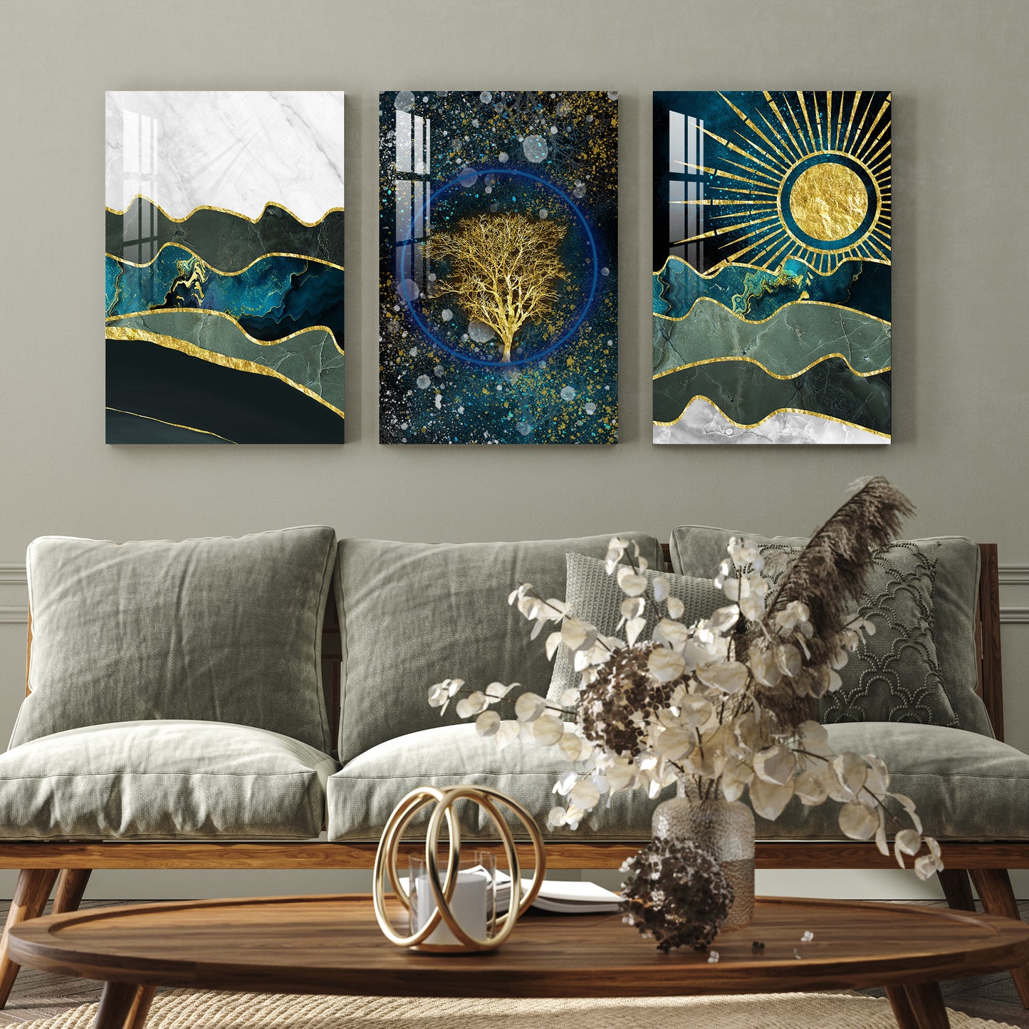 Turquoise Marble Golden Trees Acrylic Wall Art (Set of 3)