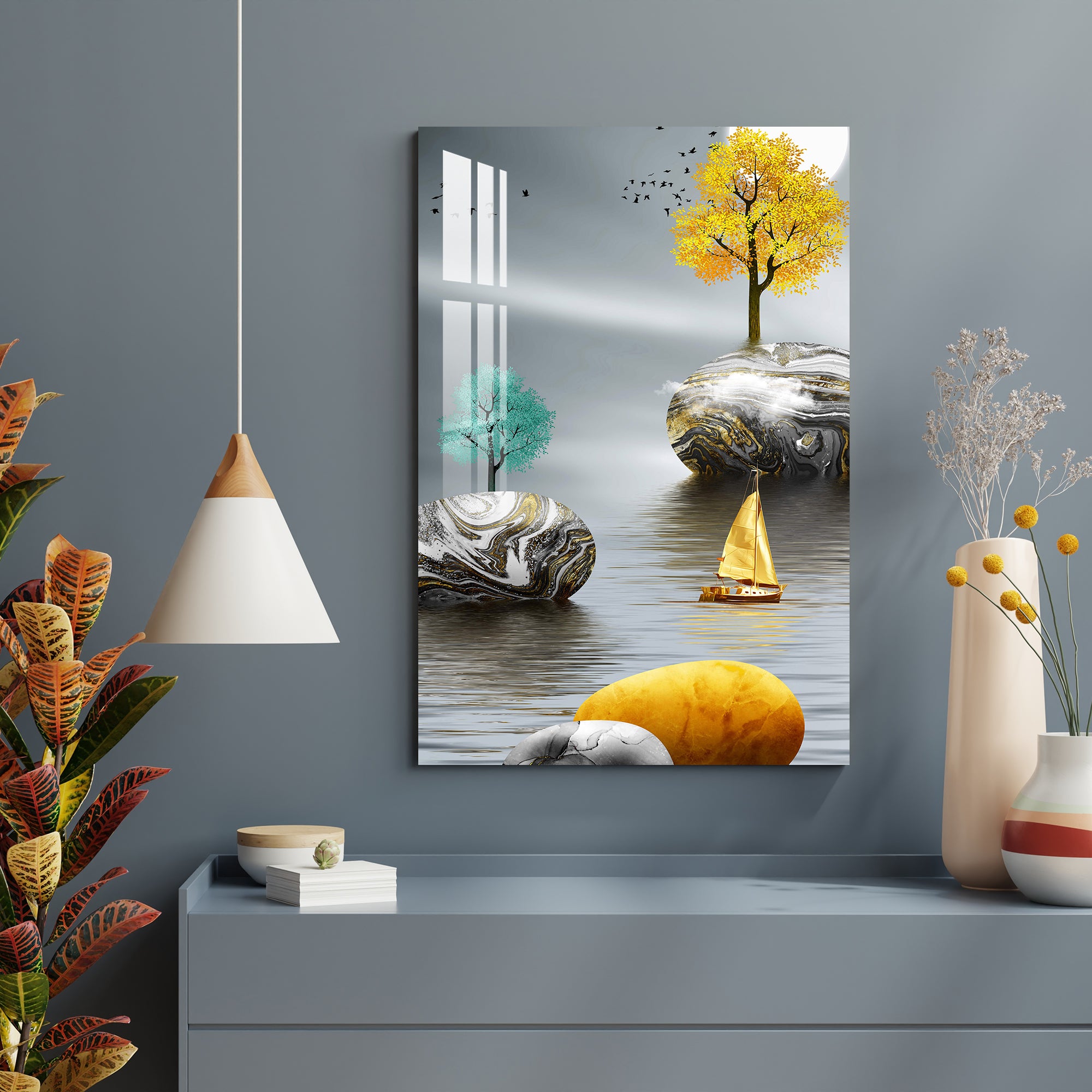 Golden Boat & Golden Tree Acrylic Wall Art