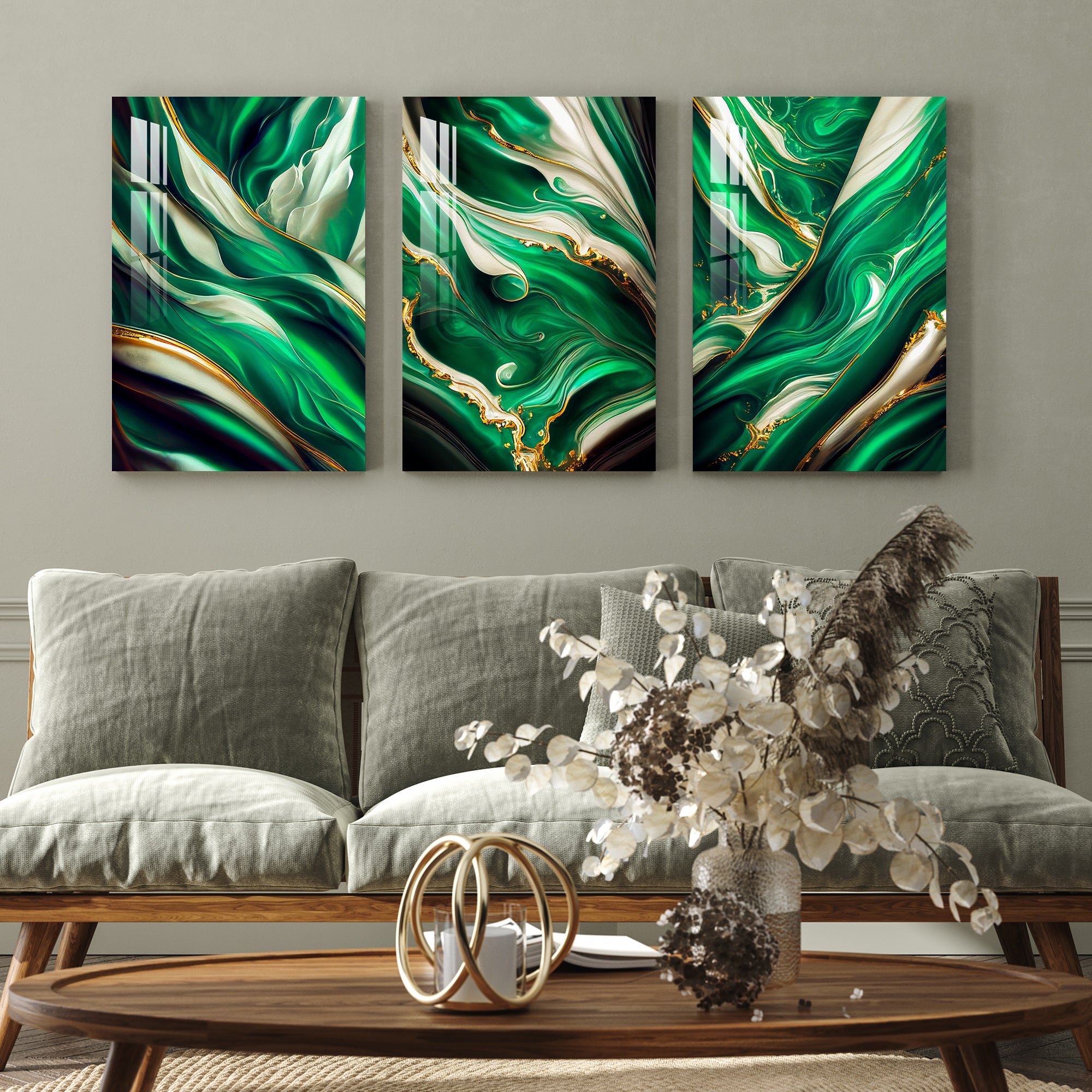 Abstract Green Waves with Golden Foil Acrylic Wall Art (Set of 3)