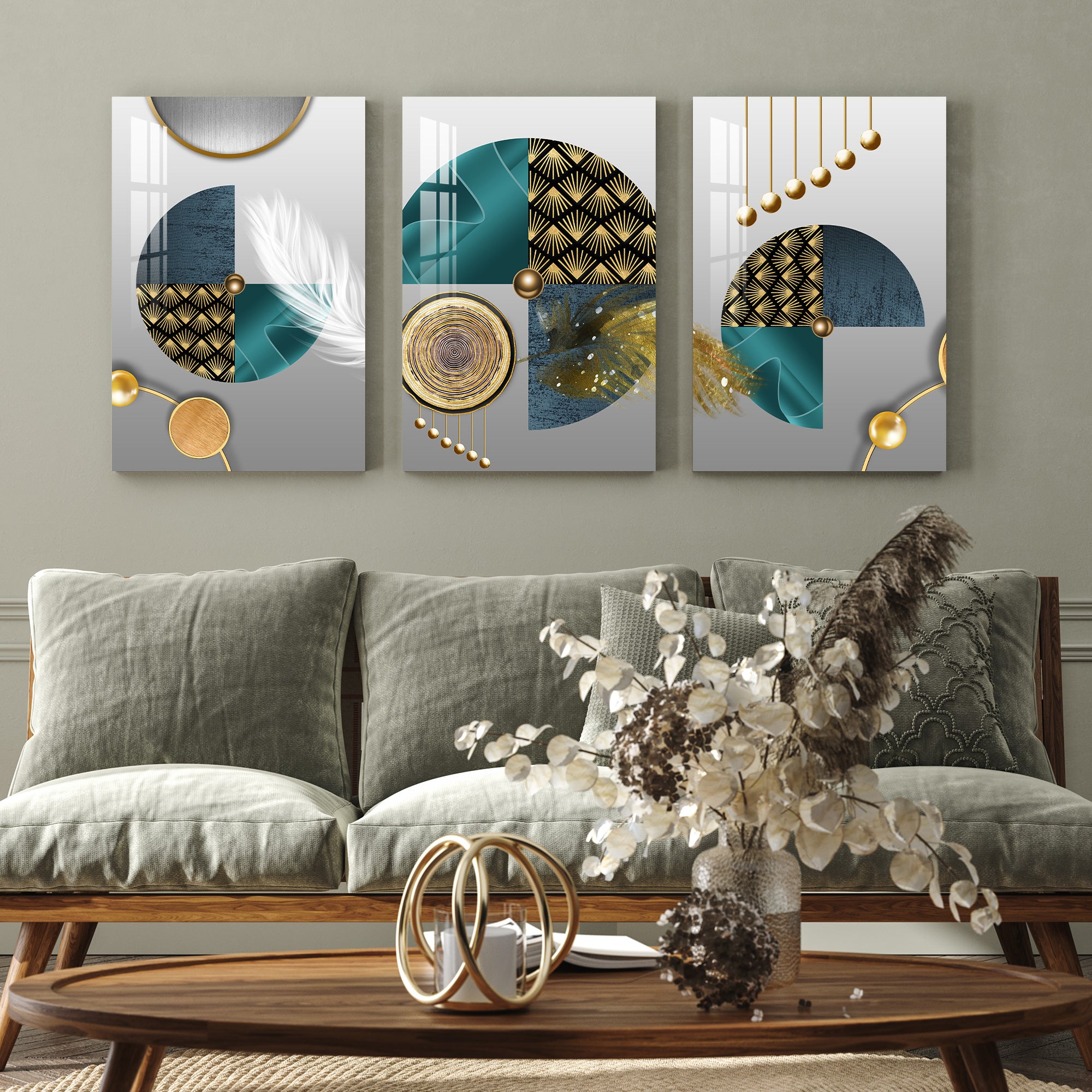 Circle Geometric Feather Acrylic Wall Art (Set of 3)