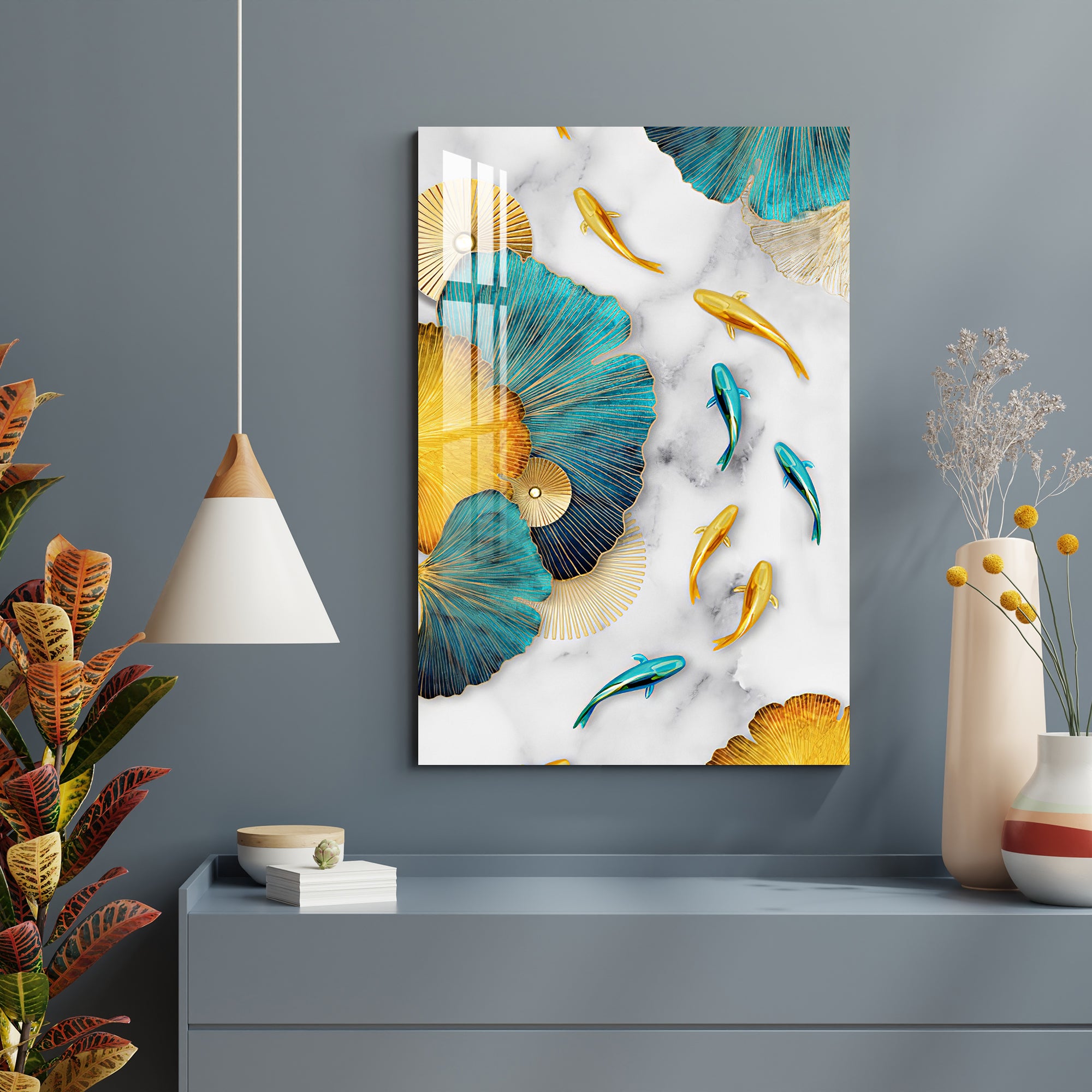 Blue & Golden Fishes With Leaves Acrylic Wall Art