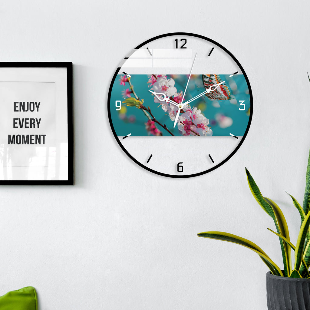 Swift White Flowers With Butterfly Printed Acrylic Wall Clock