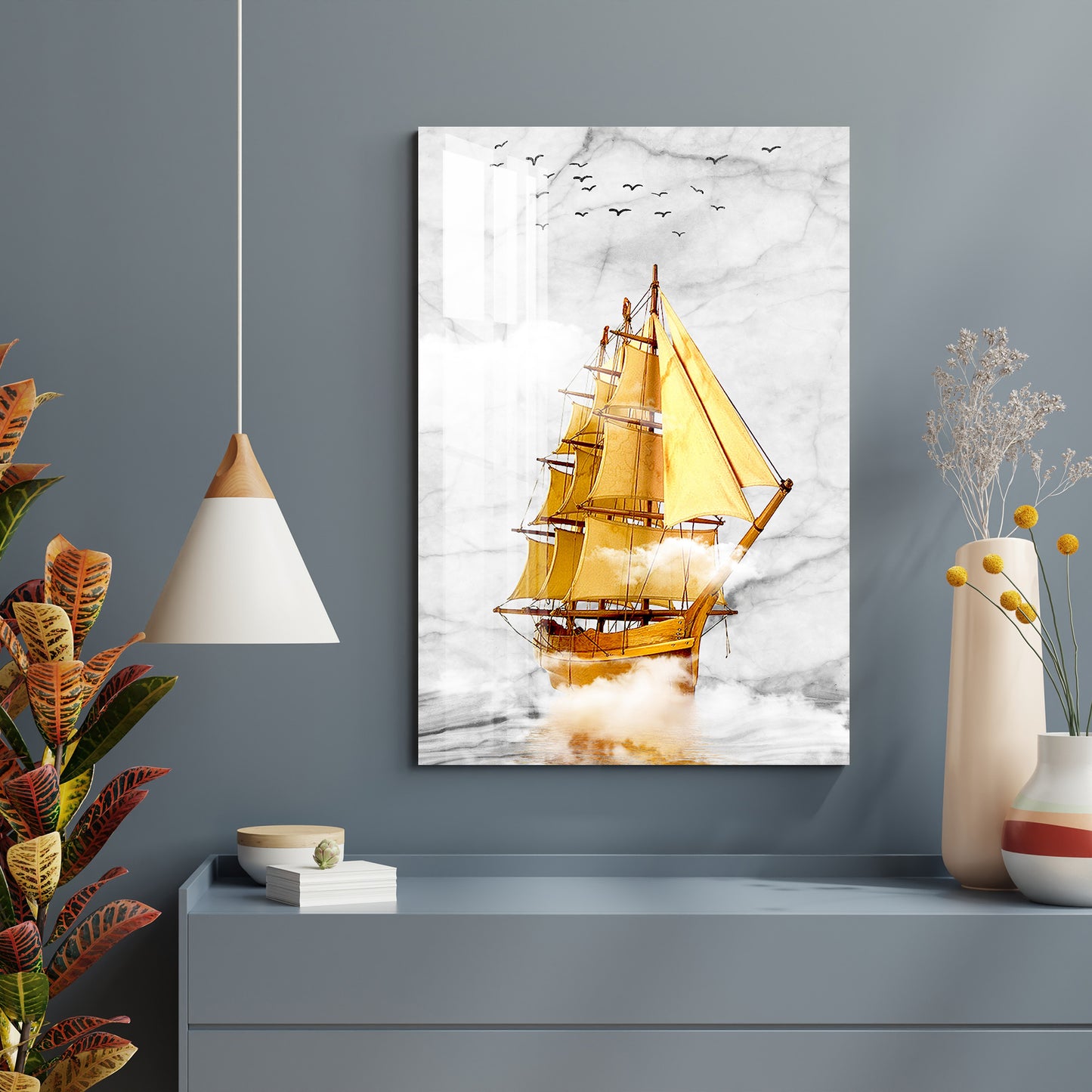 Golden Sailboat Acrylic Wall Art