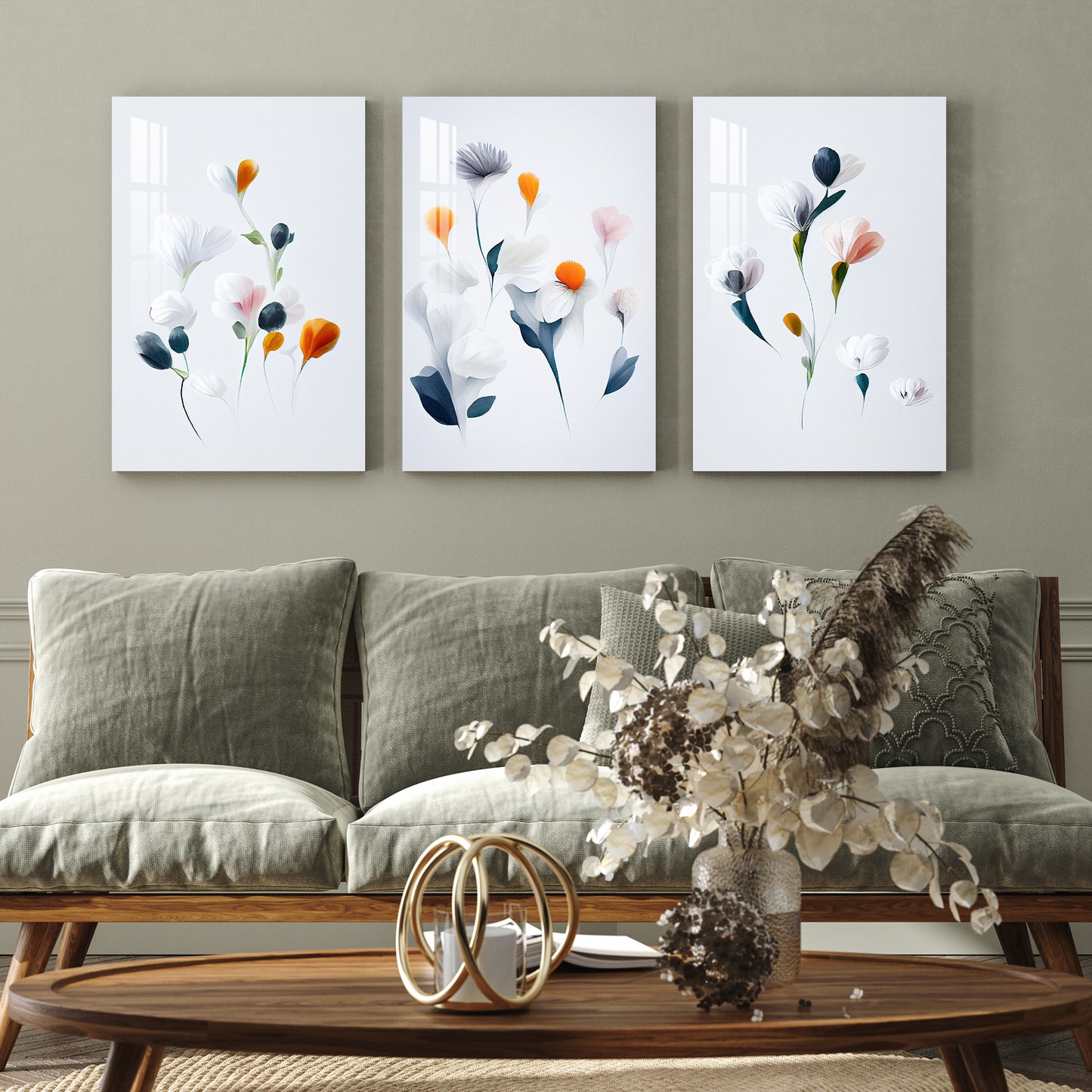 White Themed Floral Acrylic Wall Art (Set of 3)