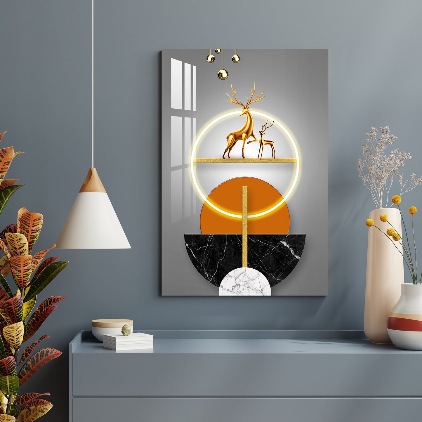 Golden Deer Illuminated Ring Acrylic Wall Art