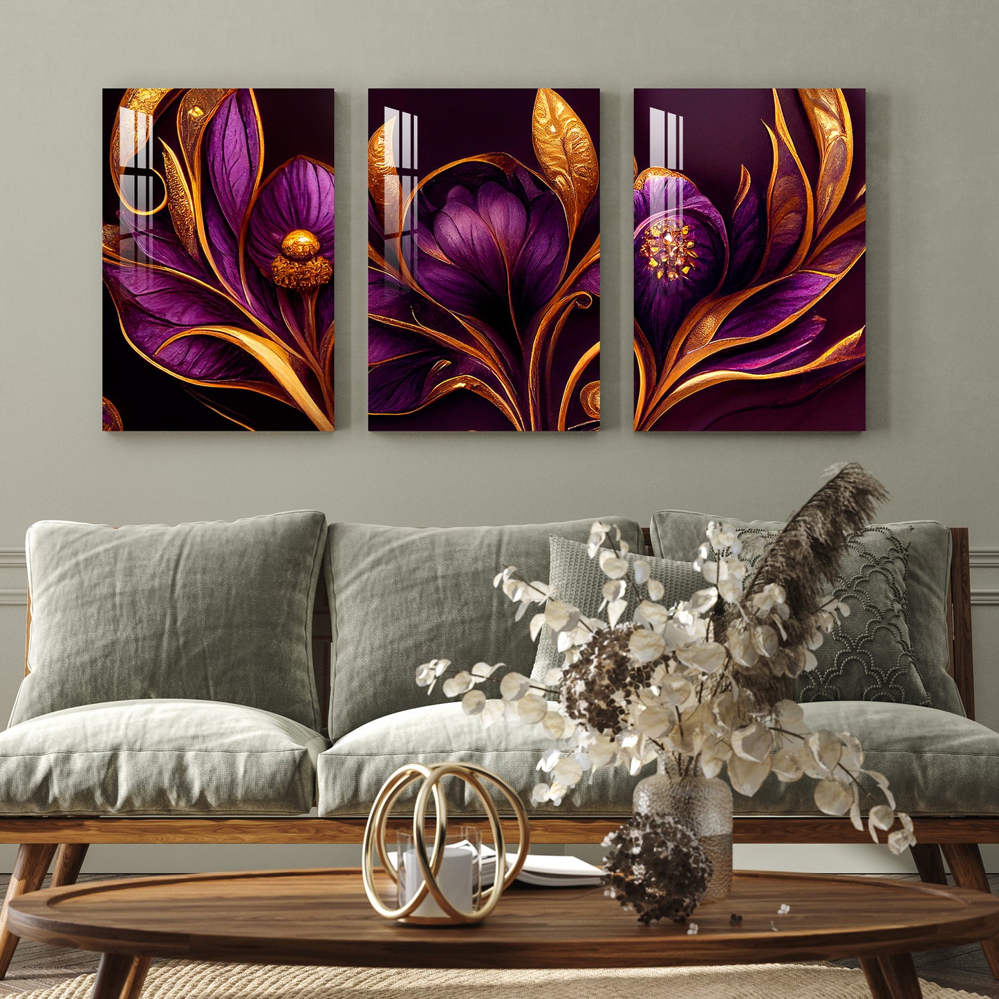 Purple Flowers with Golden Leaves Acrylic Wall Art (Set of 3)