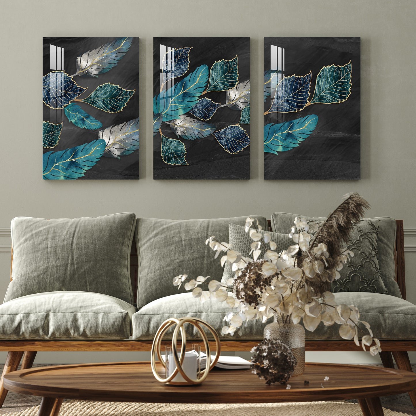 Blue, Turquoise & Gray Leaves Acrylic Wall Art ( Set of 3)