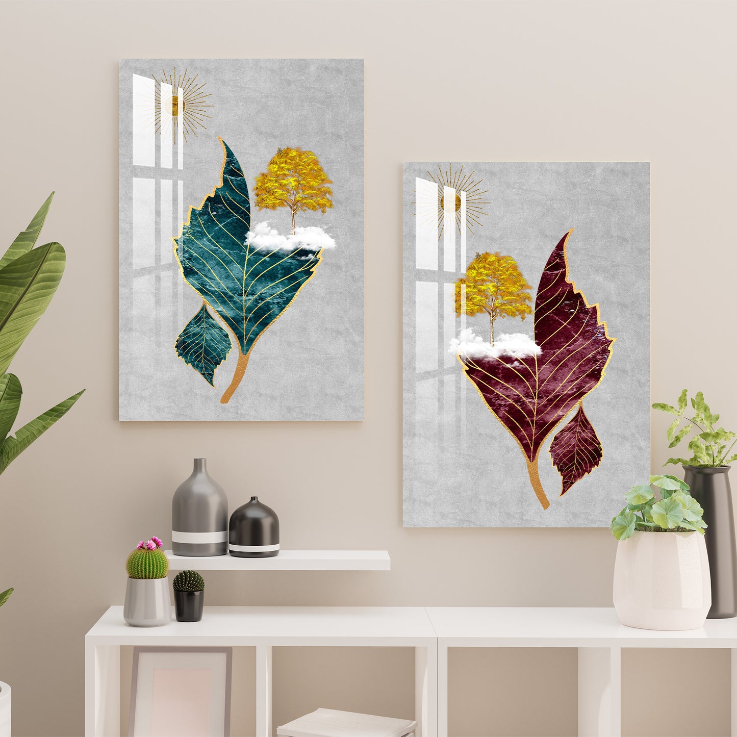 Vibrant Leaves Acrylic Wall Art (Set Of 2)