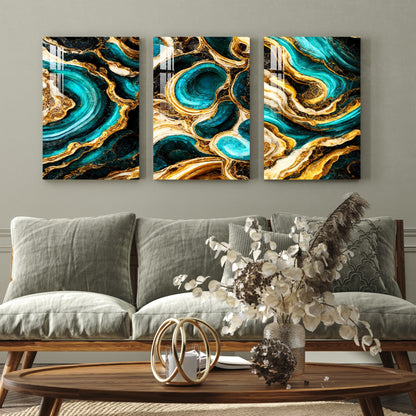 Cyan & Golden Waves Acrylic Wall Art (Set of 3) - 23.5X16 inches / 8MM (Premium)