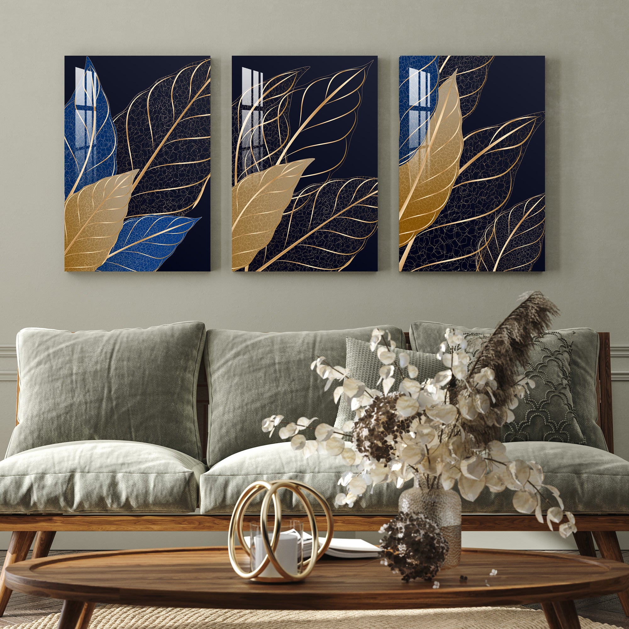 Blue, Golden & Black Leaf Acrylic Wall Art (Set of 3)