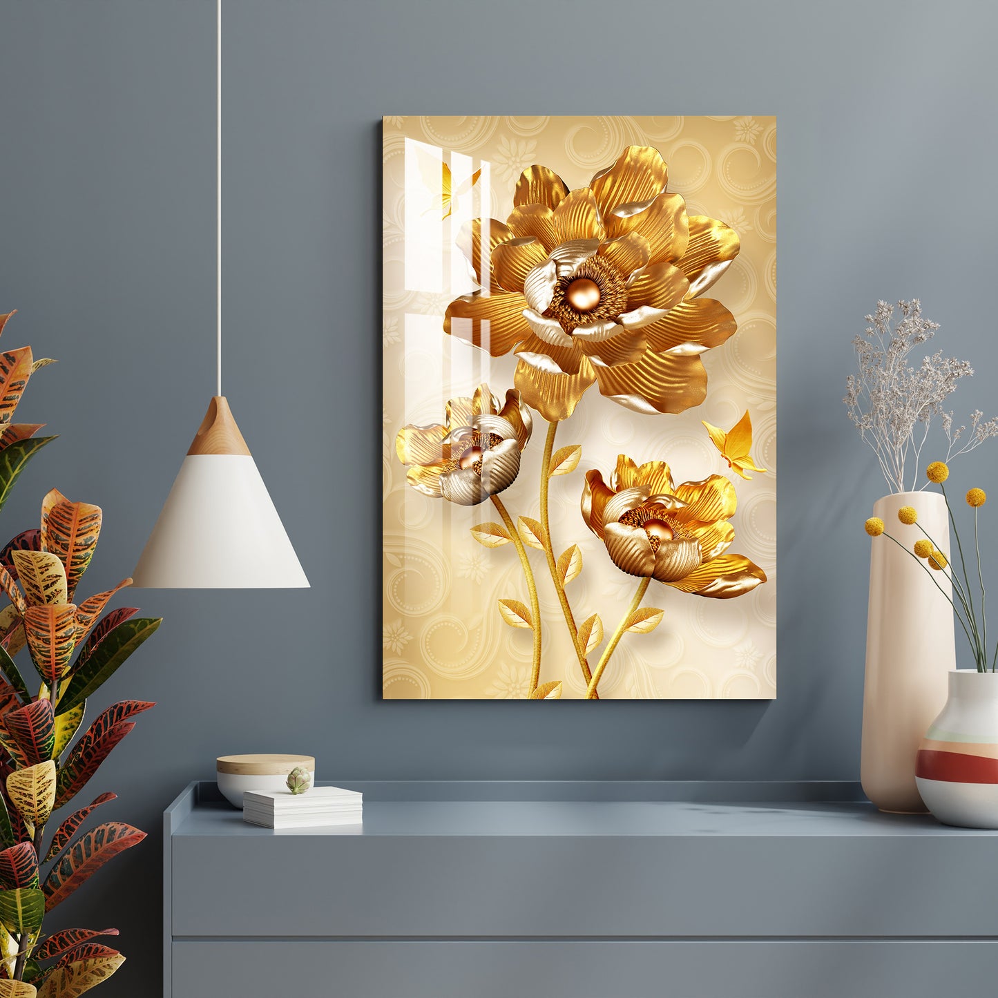 Attractive Golden Flowers Acrylic Wall Art