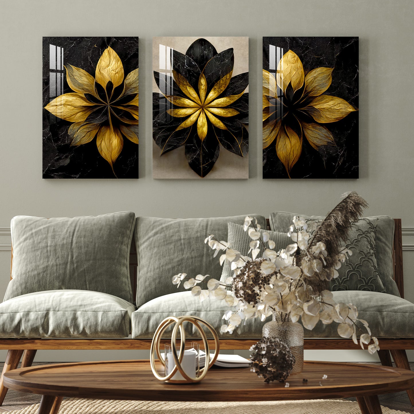 Black and Golden Floral Acrylic Wall Art (Set of 3)