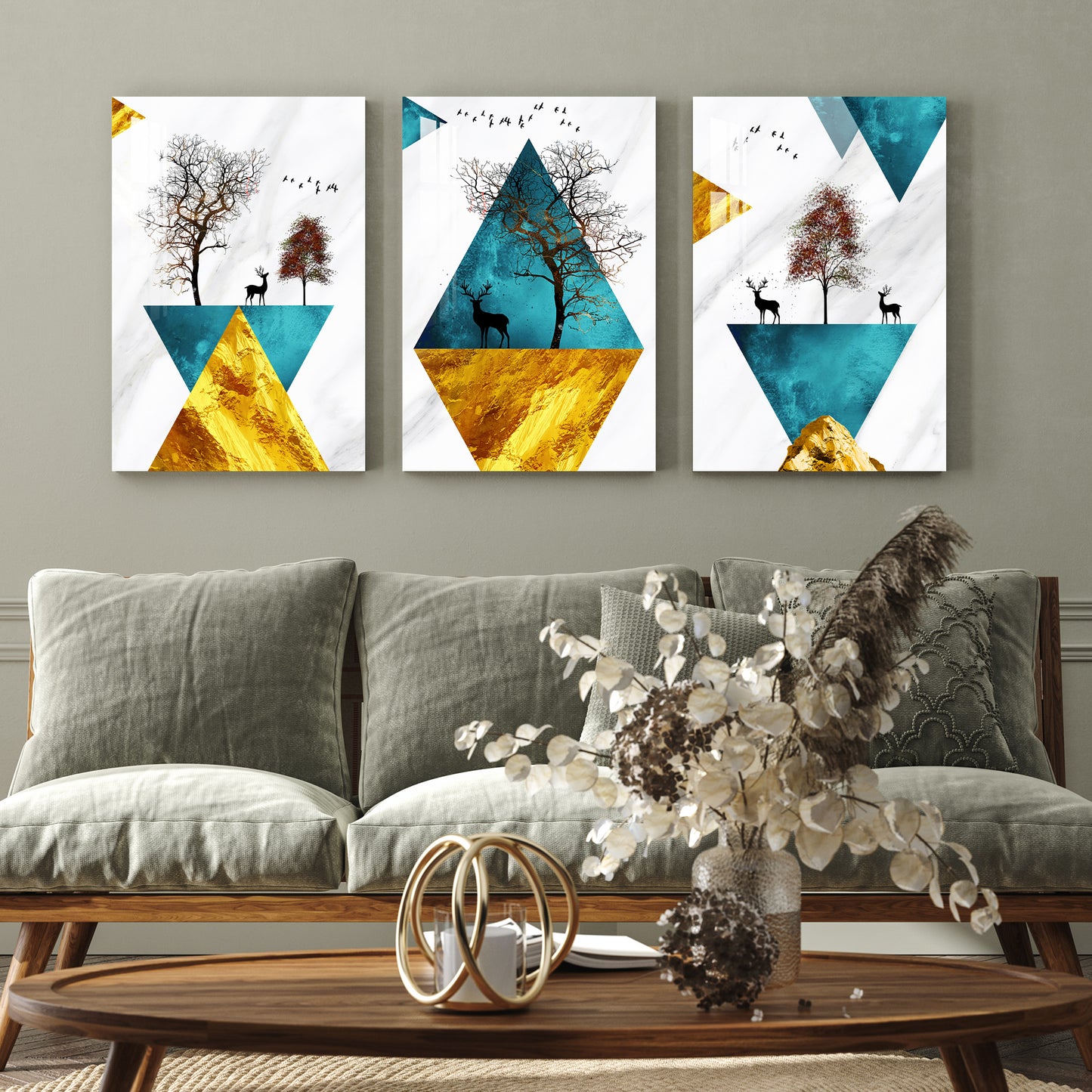 Deer on Abstract Triangle Acrylic Wall Art (Set of 3)