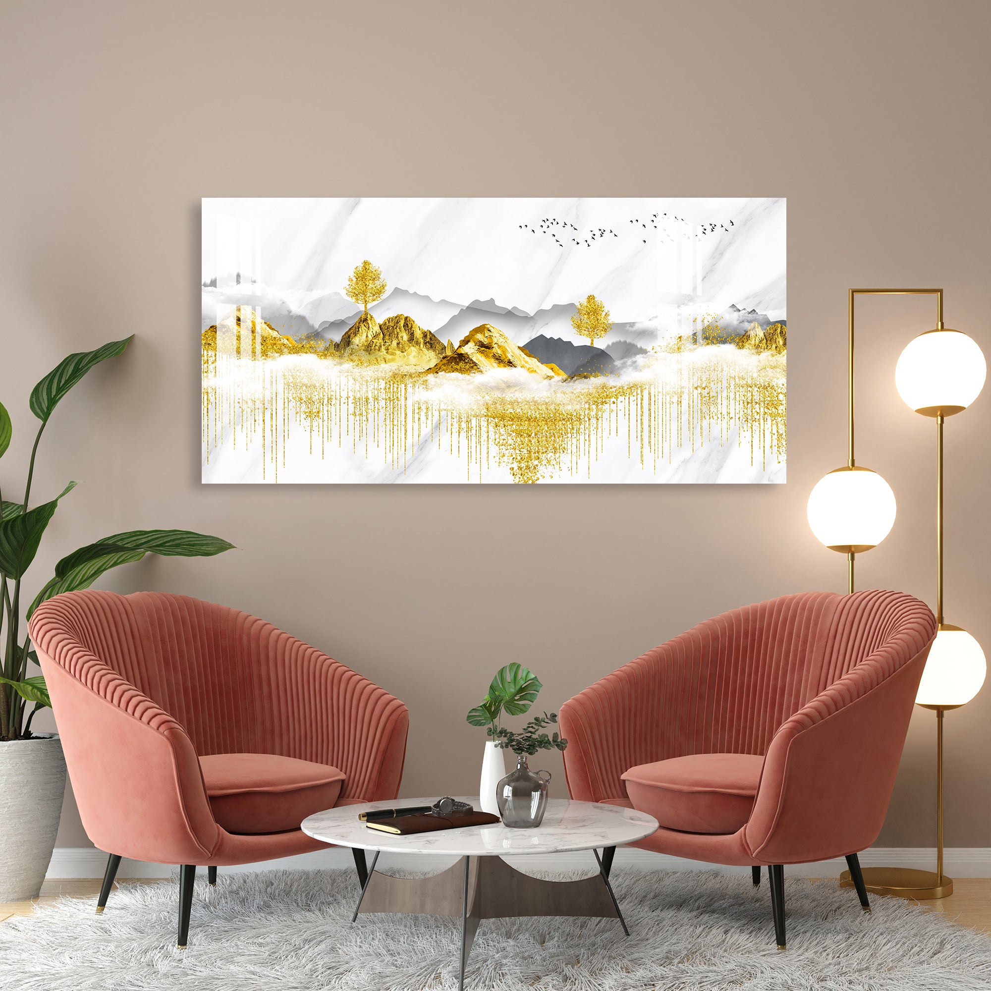 Golden Trees & Mountain Acrylic Wall Art