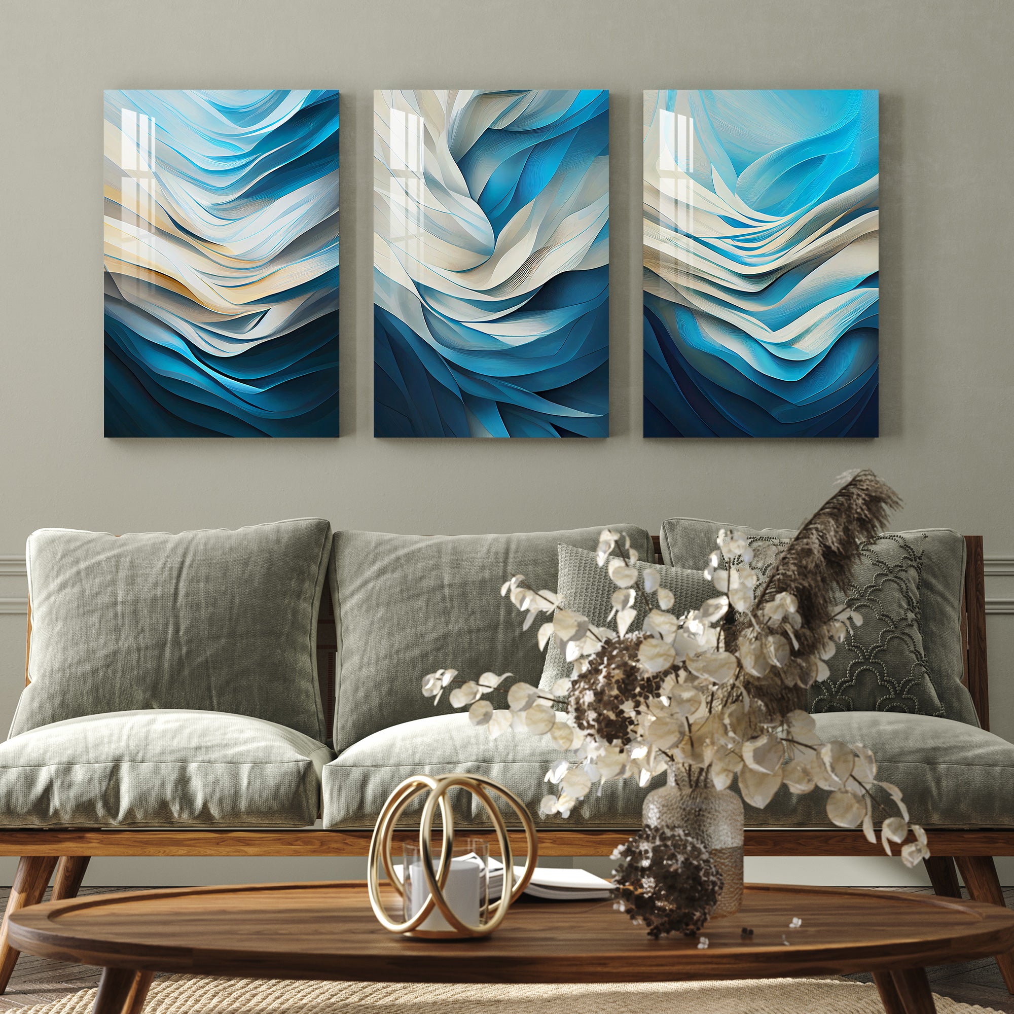 Blue & White Fractal Print Acrylic Wall Art (Set of 3)