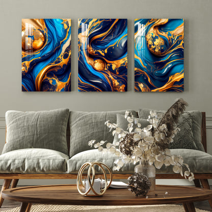 Swirling Blue Golden Ink Acrylic Wall Art (Set of 3)