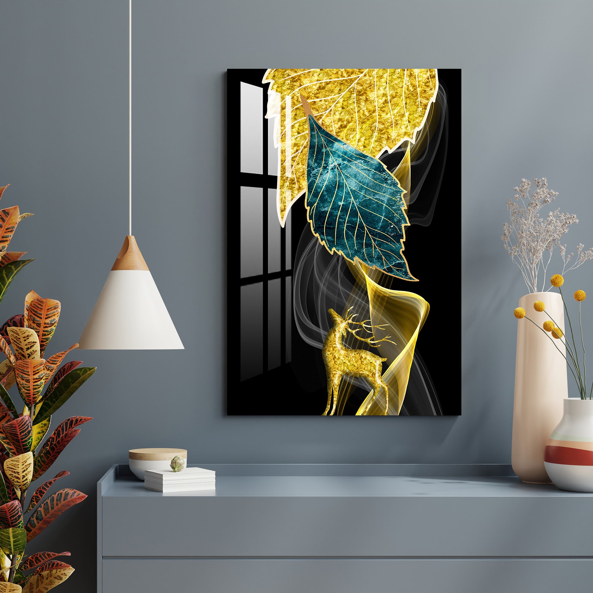 Leaves with Golden Deer Acrylic Wall Art