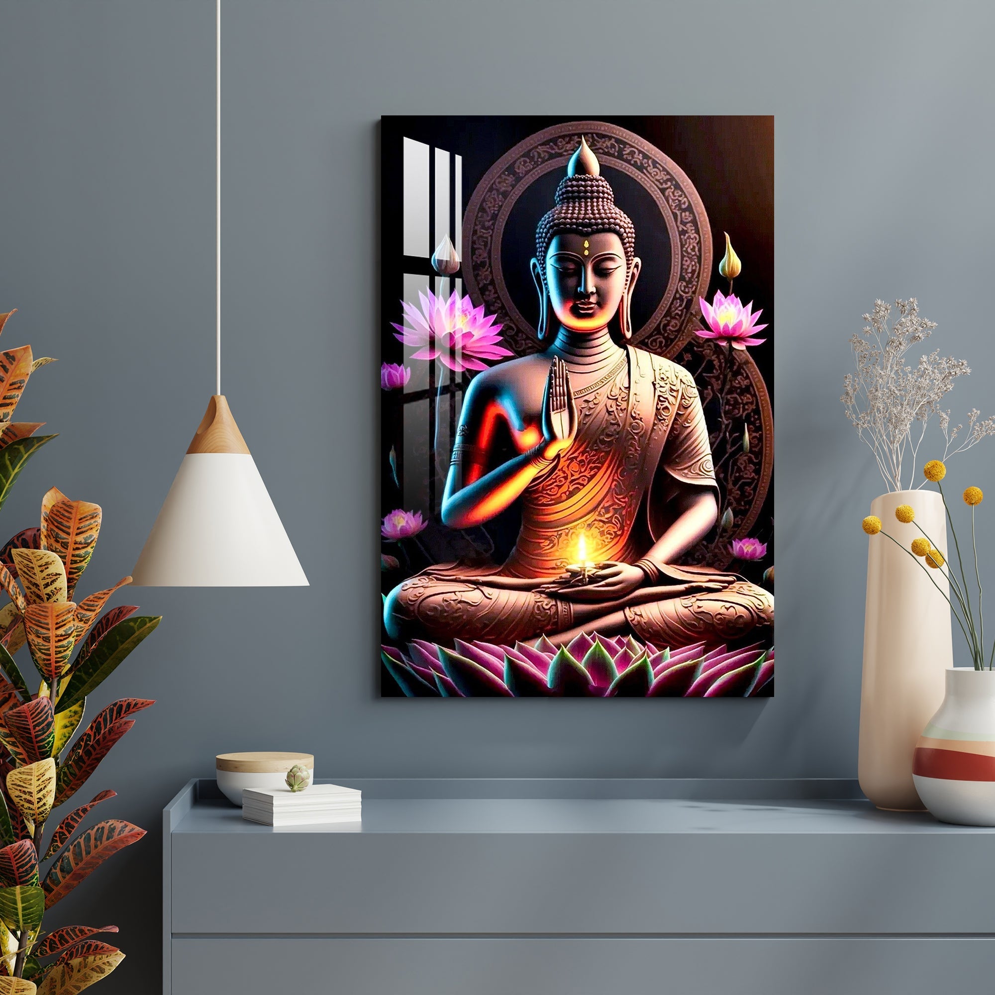 Buddha With Flowers Acrylic Wall Art - 23.5X16 inches / 5MM