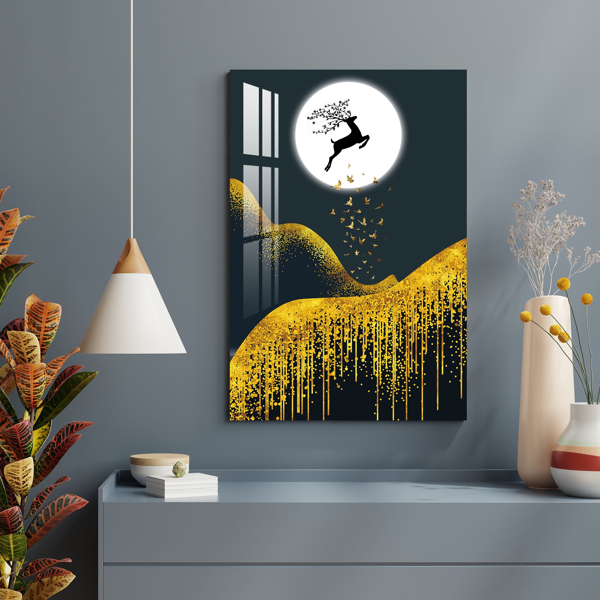 Jumping Deer & Full Moon Acrylic Wall Art