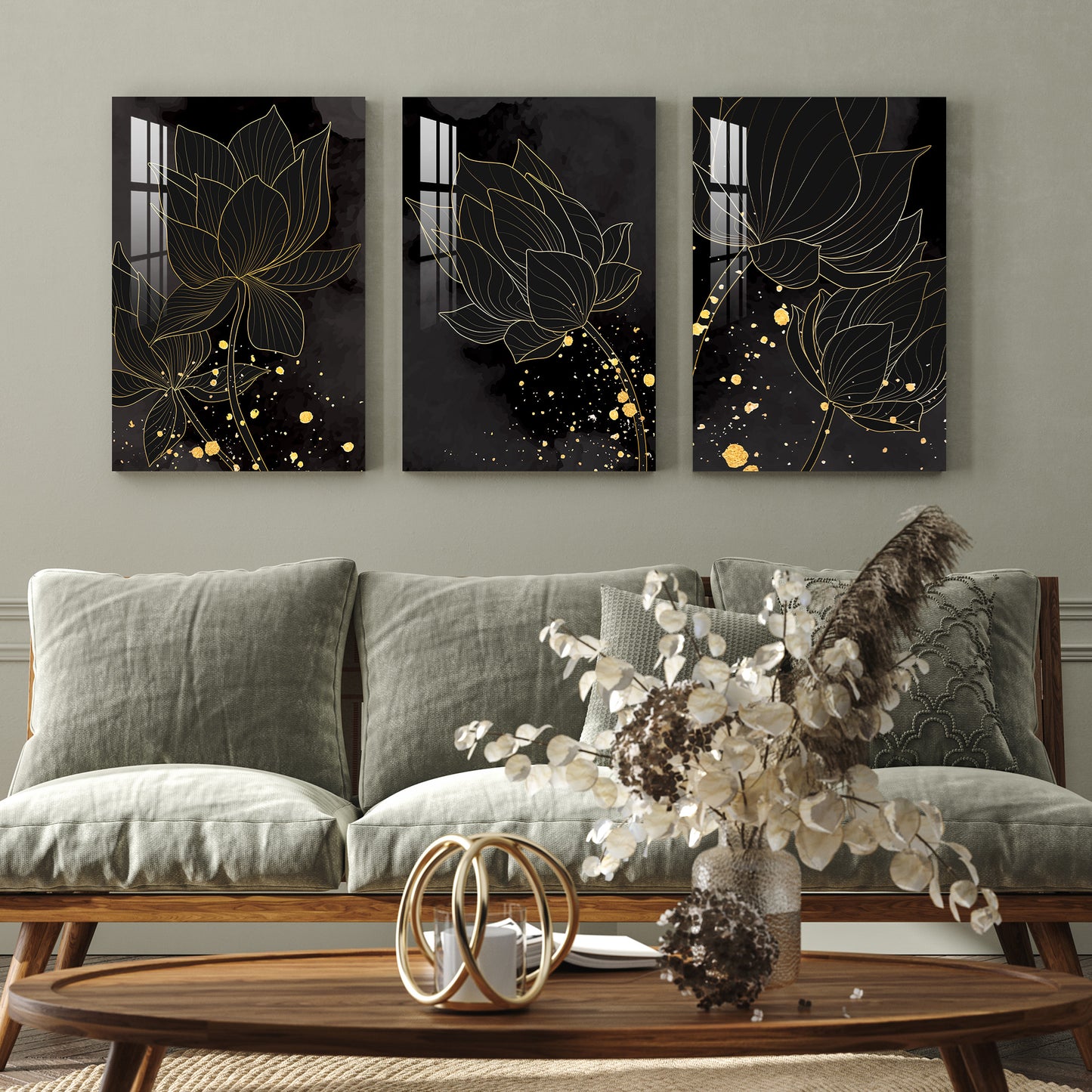 Golden Lotus Acrylic Wall Art (Set of 3)